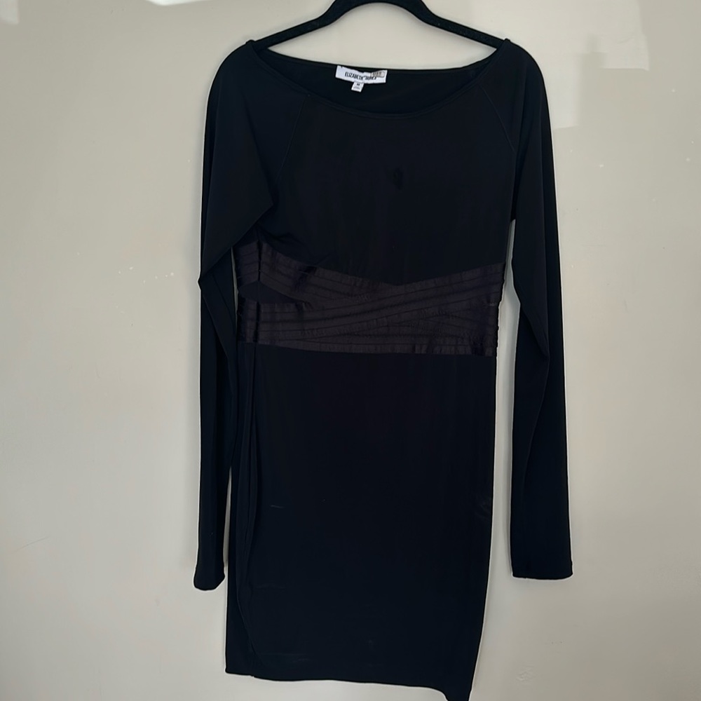 Elizabeth and James black stretchy dress with satin cinched waist band.